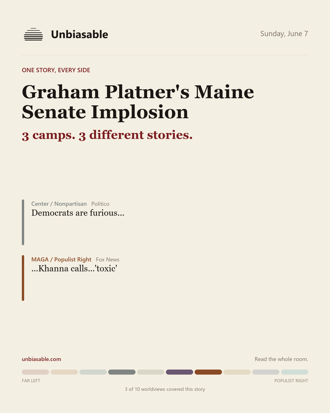 How 3 political worldviews framed “Graham Platner's Maine Senate Implosion”, color-coded by lens.