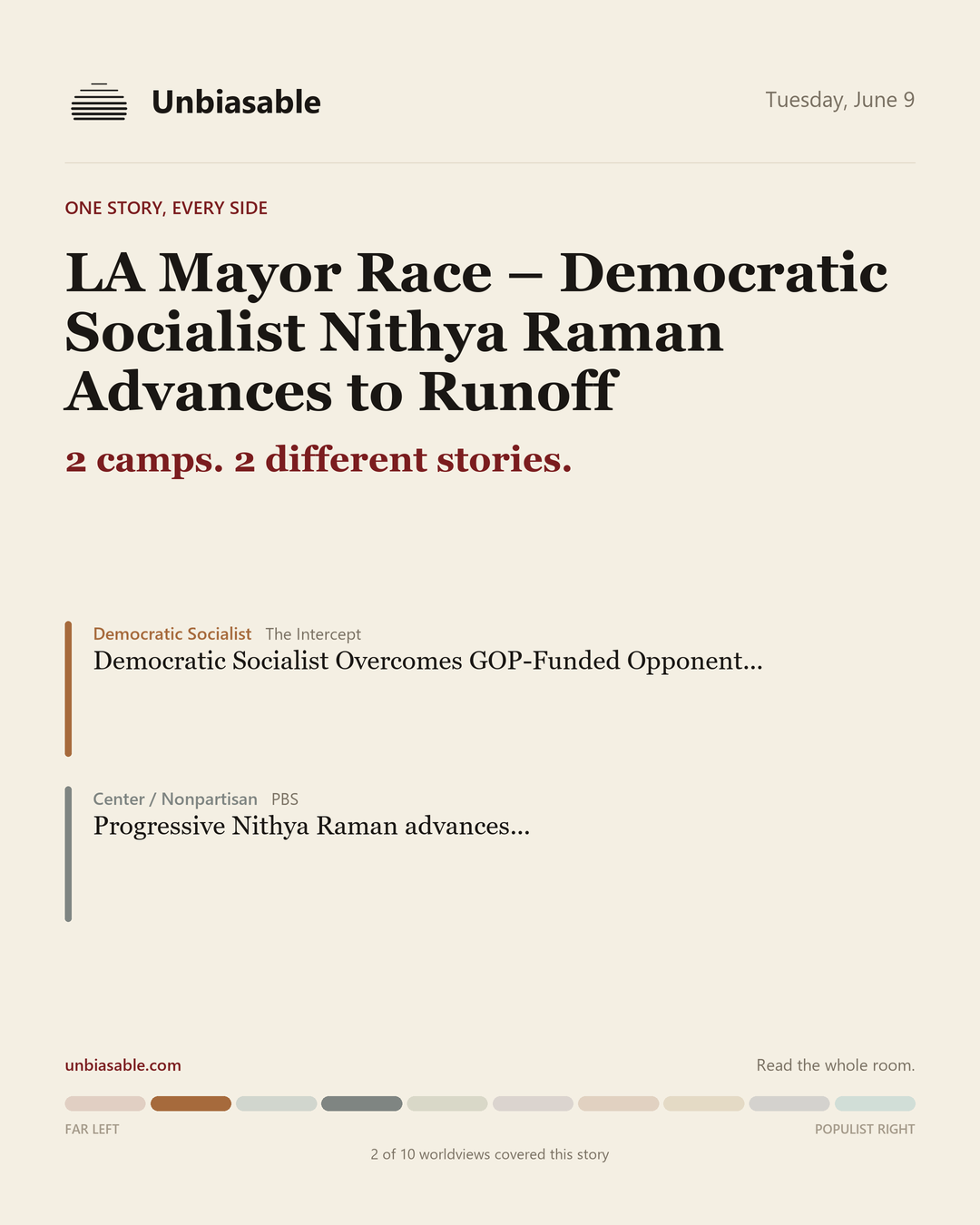 How 2 political worldviews framed “LA Mayor Race – Democratic Socialist Nithya Raman Advances to Runoff”, color-coded by lens.
