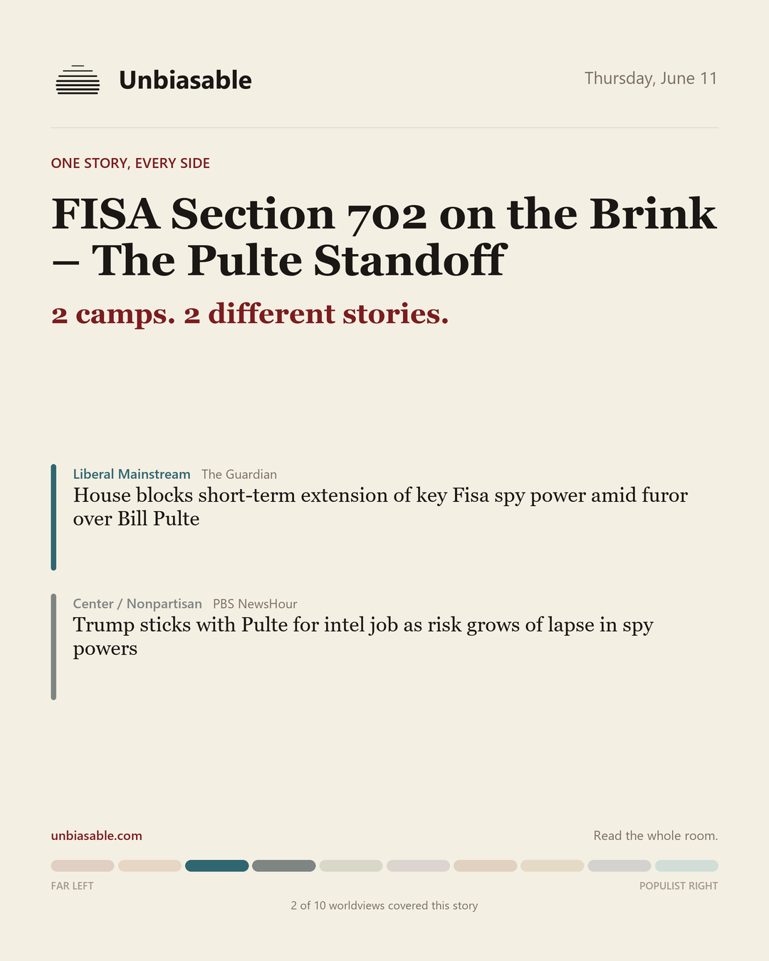 How 2 political worldviews framed “FISA Section 702 on the Brink – The Pulte Standoff”, color-coded by lens.
