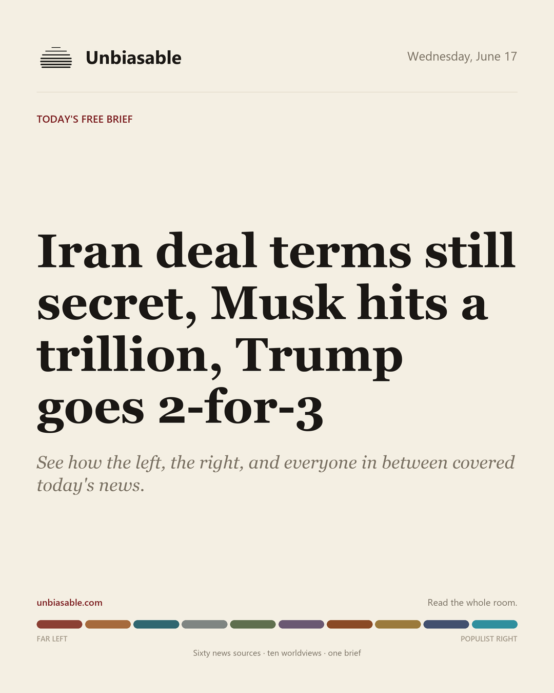 Unbiasable cover for Wednesday, June 17: Iran deal terms still secret, Musk hits a trillion, Trump goes 2-for-3. The labelled ten-worldview spectrum.