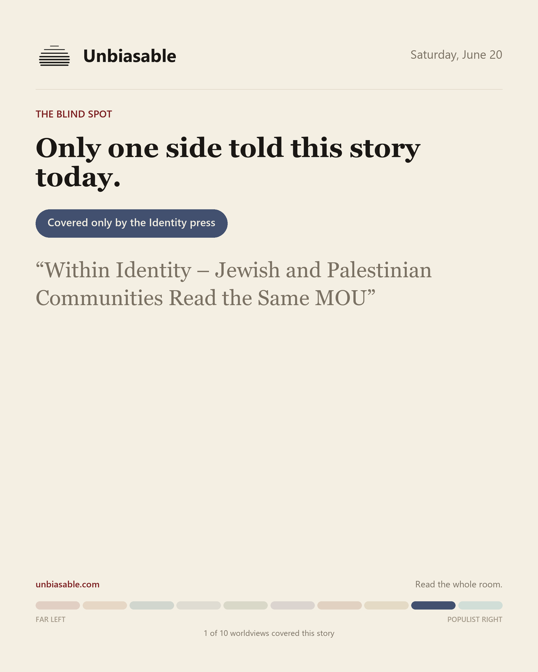 A story only the Identity press covered today: Within Identity -- Jewish and Palestinian Communities Read the Same MOU.