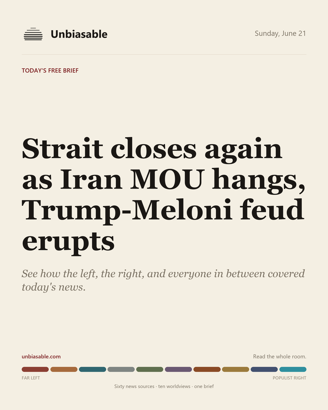 Unbiasable cover for Sunday, June 21: Strait closes again as Iran MOU hangs, Trump-Meloni feud erupts. The labelled ten-worldview spectrum.