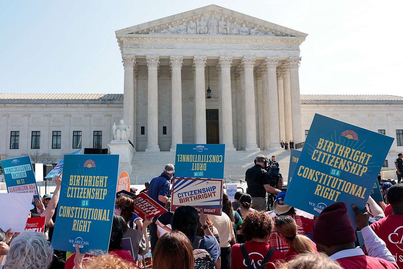 Demonstrators rally in support of birthright citizenship outside the Supreme Court as Donald Trump attends oral arguments in Washington, D.C., on April 1, 2026.