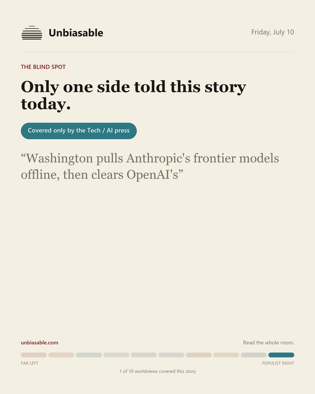 A story only the Tech / AI press covered today: Washington pulls Anthropic's frontier models offline, then clears OpenAI's.