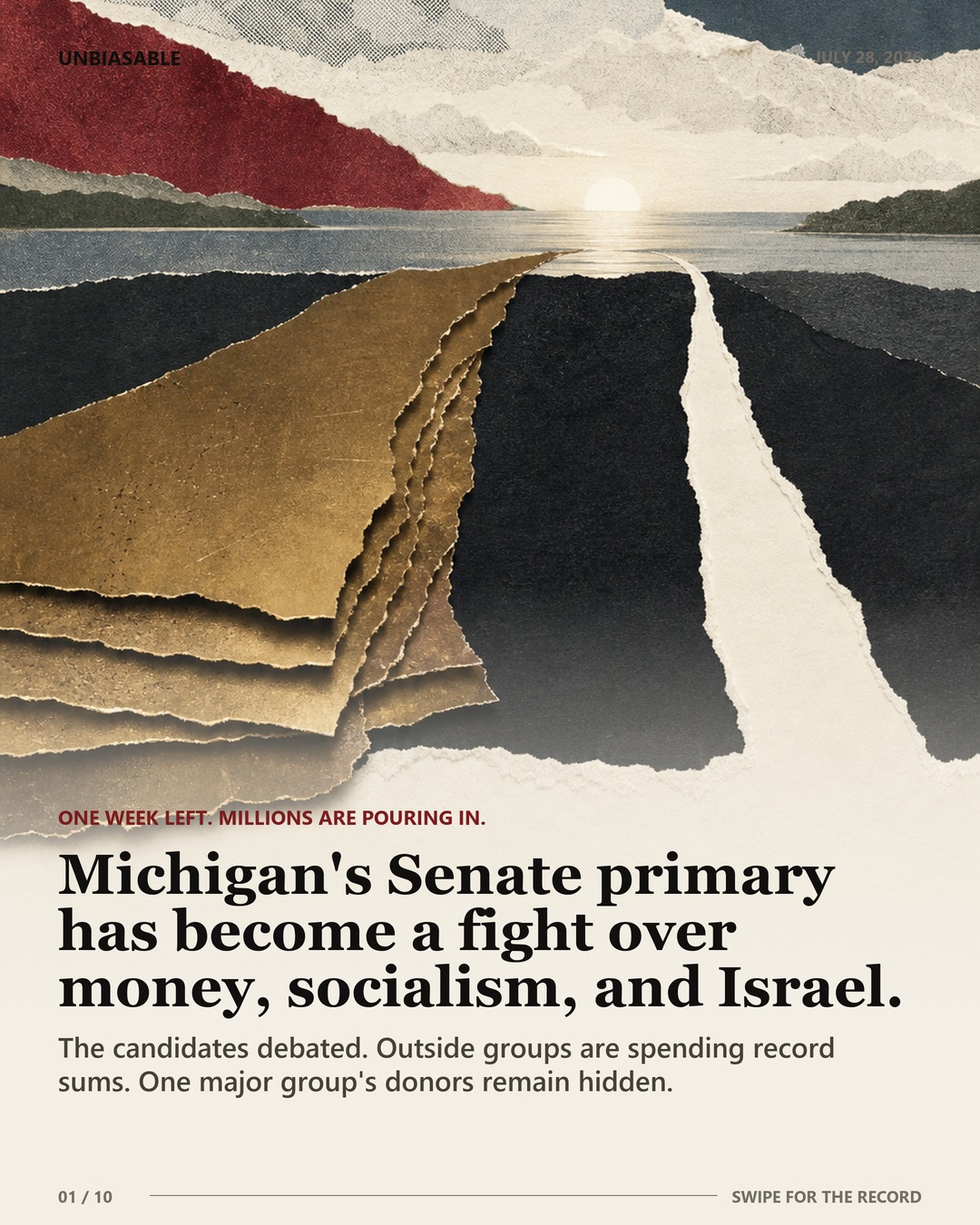 Editorial case-file cover: Michigan's Senate primary has become a fight over money, socialism, and Israel.