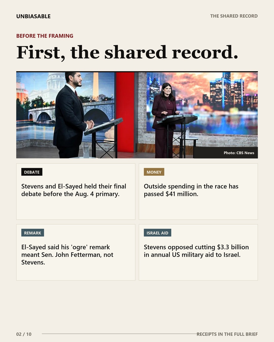 The shared record: Stevens and El-Sayed held their final debate before the Aug. 4 primary.; Outside spending in the race has passed $41 million.; El-Sayed said his 'ogre' remark meant Sen. John Fetterman, not Stevens.; Stevens opposed cutting $3.3 billion in annual US military aid to Israel.