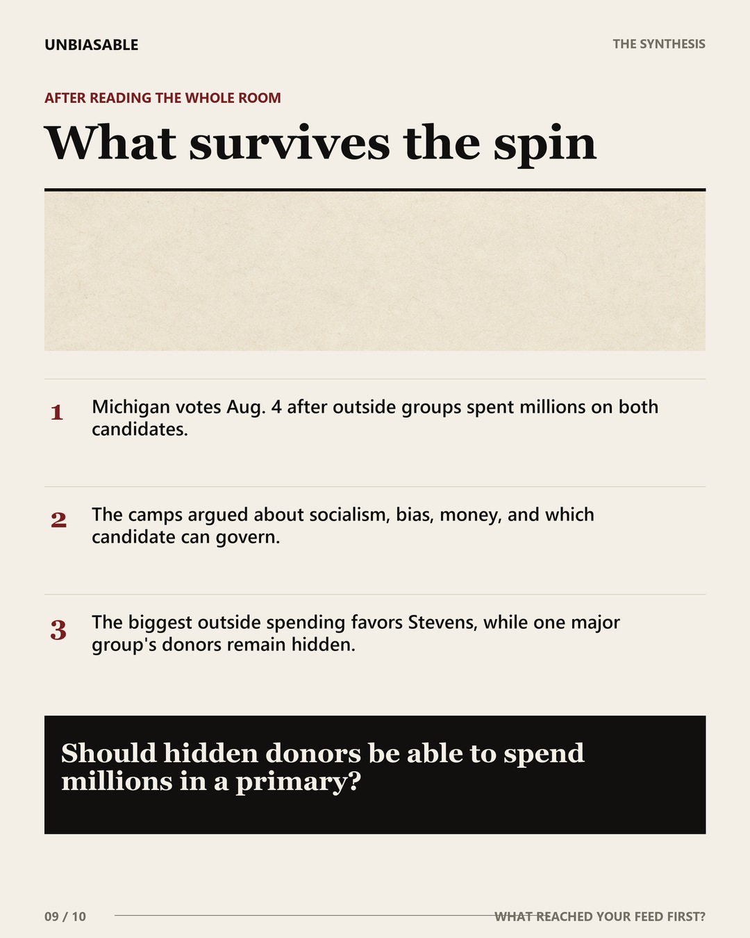 What survives the spin: Michigan votes Aug. 4 after outside groups spent millions on both candidates.; The camps argued about socialism, bias, money, and which candidate can govern.; The biggest outside spending favors Stevens, while one major group's donors remain hidden.