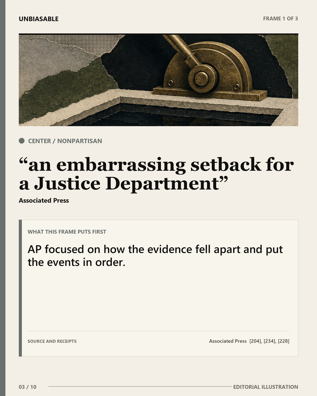 Center / Nonpartisan frame: an embarrassing setback for a Justice Department AP focused on how the evidence fell apart and put the events in order.