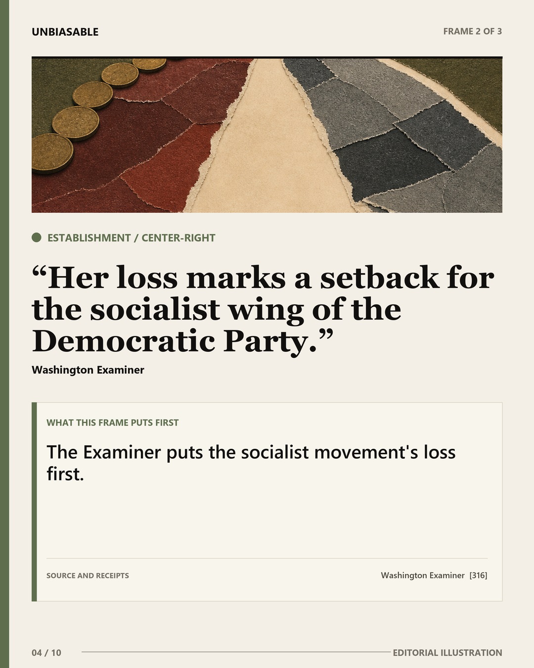 Establishment / Center-Right frame: Her loss marks a setback for the socialist wing of the Democratic Party. The Examiner puts the socialist movement's loss first.