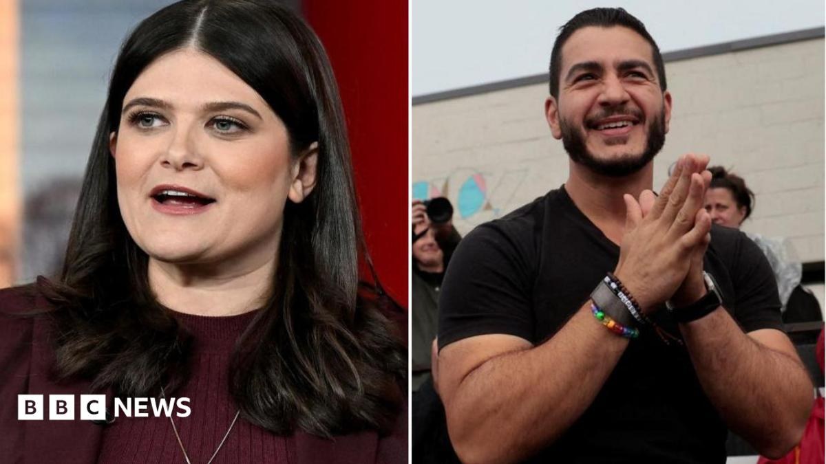 A split image showing Stevens, with her long dark hair down and a maroon sweater, and El-Sayed, in a fitted black T-shirt and his hands together, with beaded bracelets on one wrist and a watch on…